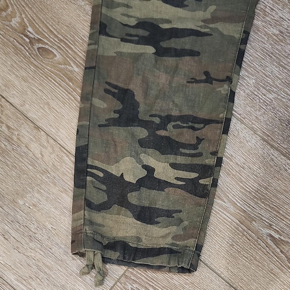 Sanctuary x Anthropologie 100% Linen Green Camo Cropped Ankle Pants Gorpcore Sm - Picture 7 of 12